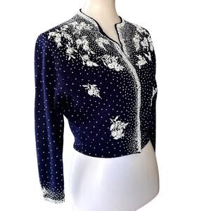 1950s Gene Shelly's Boutique Internationale Beaded  Blue Cardigan Sweater